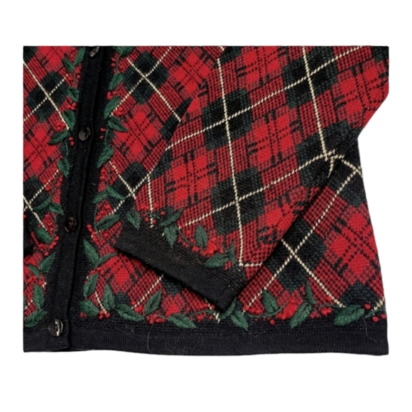 Vintage Talbots Christmas Plaid Cardigan Sweater with Holly Trim Size P - Picture 4 of 8